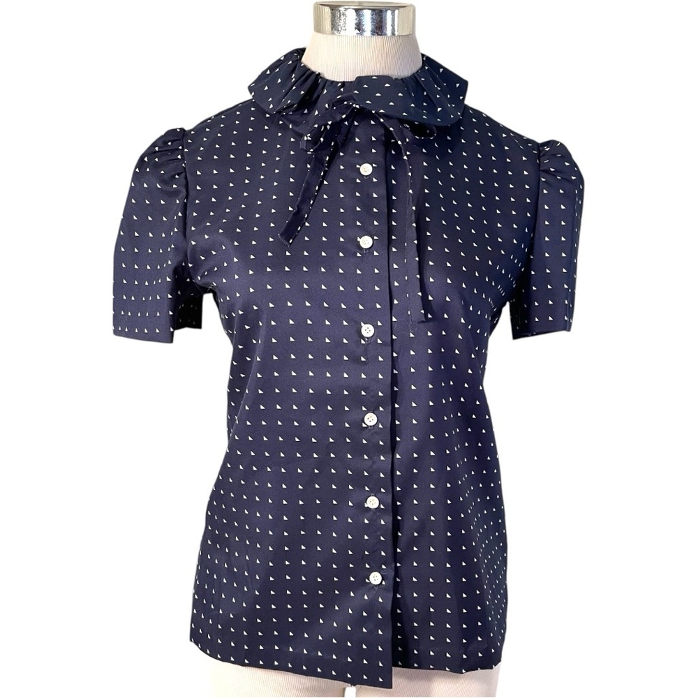 Navy Blue Polka Dot ILGWU Vintage Women's Short Sleeve Blouse